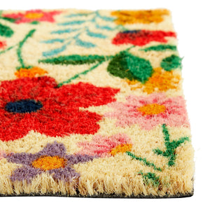 Natural Coco Coir Spring Flower Door Mat 17 x 30 Inches for Front Door, Half Round Outdoor Wildflowers Mat for Home Decor