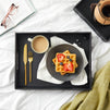 2-Pack Wooden Nesting Serving Tray Set with Stitched Faux Leather Skin and 2 Handles, Slip-Resistant Breakfast Service Tray in 2 Sizes (13.8x9.9x2.3 and 15.8x12x2.5 in, Black)