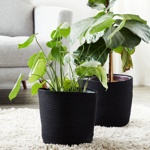 Juvale 2 Pack 11-inch Woven Plant Basket - Boho Style Indoor Floor Planters with Plastic Liner (Black)