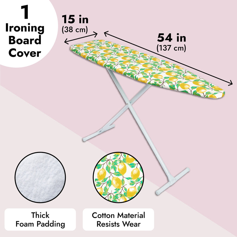 Ironing Board Cover and Pad 15x54 Standard Size Ironing Board Cover with Elastic Edge for Snug and Secure Fit, Thick and Durable Material (Yellow and Green Lemon Print Design)