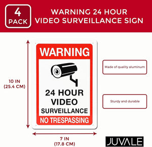 Warning 24 Hour Video Surveillance Sign (10 x 7 in, 4 Pack)