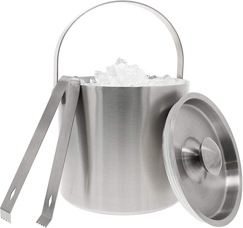Stainless Steel Ice Bucket with Tongs, Portable Double Wall (2.5 L, 7.5 In)