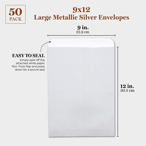 Juvale 50-Pack Large Metallic Silver 9 x 12 Peel and Seal Catalog Envelopes for Documents and Brochures