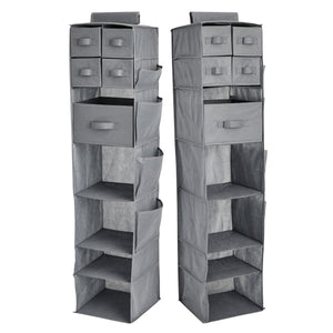 2-Pack 7-Shelf Hanging Closet Organizer with 5 Drawers, 4 Shelves, and 4 Side Pockets, Foldable Non-Woven Cloth Storage for Bedroom and Hallway Closets (11.8x11.8x51 in, Gray)