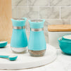 Stainless Steel Teal Salt and Pepper Shakers Set with Glass Bottom, Screw-Off Caps, Perforated "S" and "P" Designs for Kitchen (4oz)