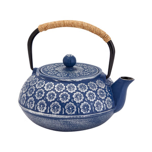 6-Piece Blue Floral Japanese Tea Set - Cast Iron Teapot Kettle with Stainless Steel Infuser, Trivet, 4 Teacups for Loose Leaf Tea (32 oz)