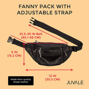 Black Fanny Pack Sheep Leather Waist Bag Pack for Men Women Travel Pouch Bag, Multiple Pockets & Durable Belt for Hiking Running Cycling