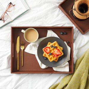 2-Pack Wooden Nesting Serving Tray Set with Stitched Faux Leather Skin and 2 Handles, Slip-Resistant Breakfast Service Tray in 2 Sizes (13.8x9.9x2.3 and 15.8x12x2.5 in, Brown)