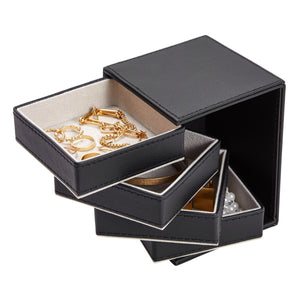 4 Layer Rotating Jewelry Organizer for Men, Women, Small Faux Leather Box for Necklaces, Rings, Earring, Bracelets (Black, 4 x 5 In)