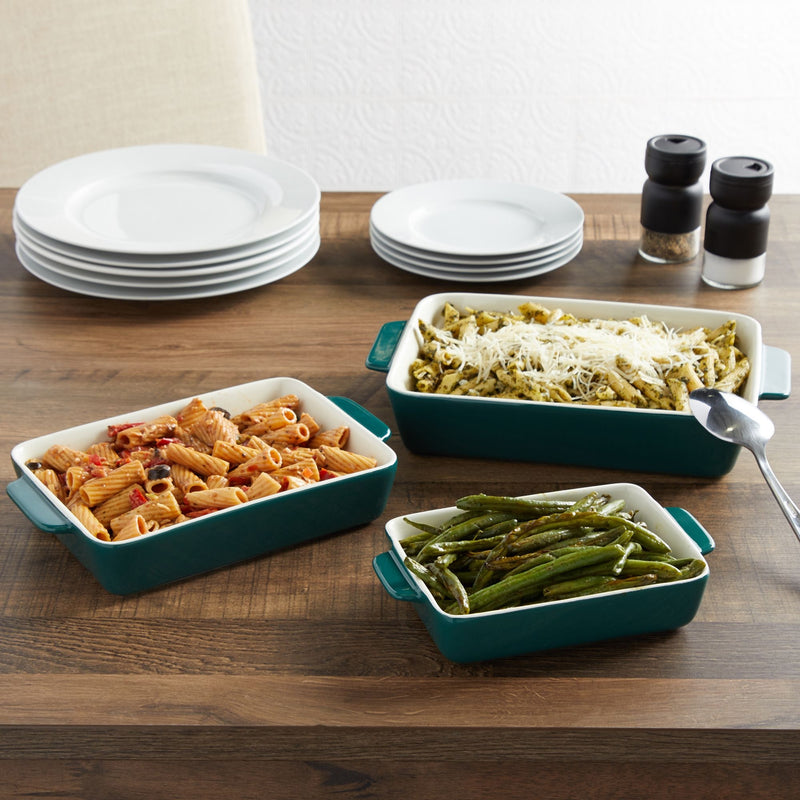 3 Piece Green Ceramic Bakeware Set - Rectangular Baking Dishes for Oven, Serving Casseroles, Kitchen (3 Sizes)