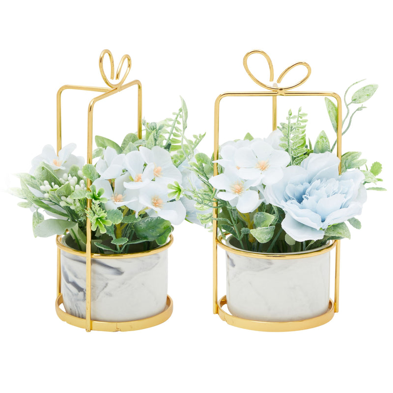 Faux Hydrangea Flowers and Ceramic Planter with Stand, Artificial Potted Plants