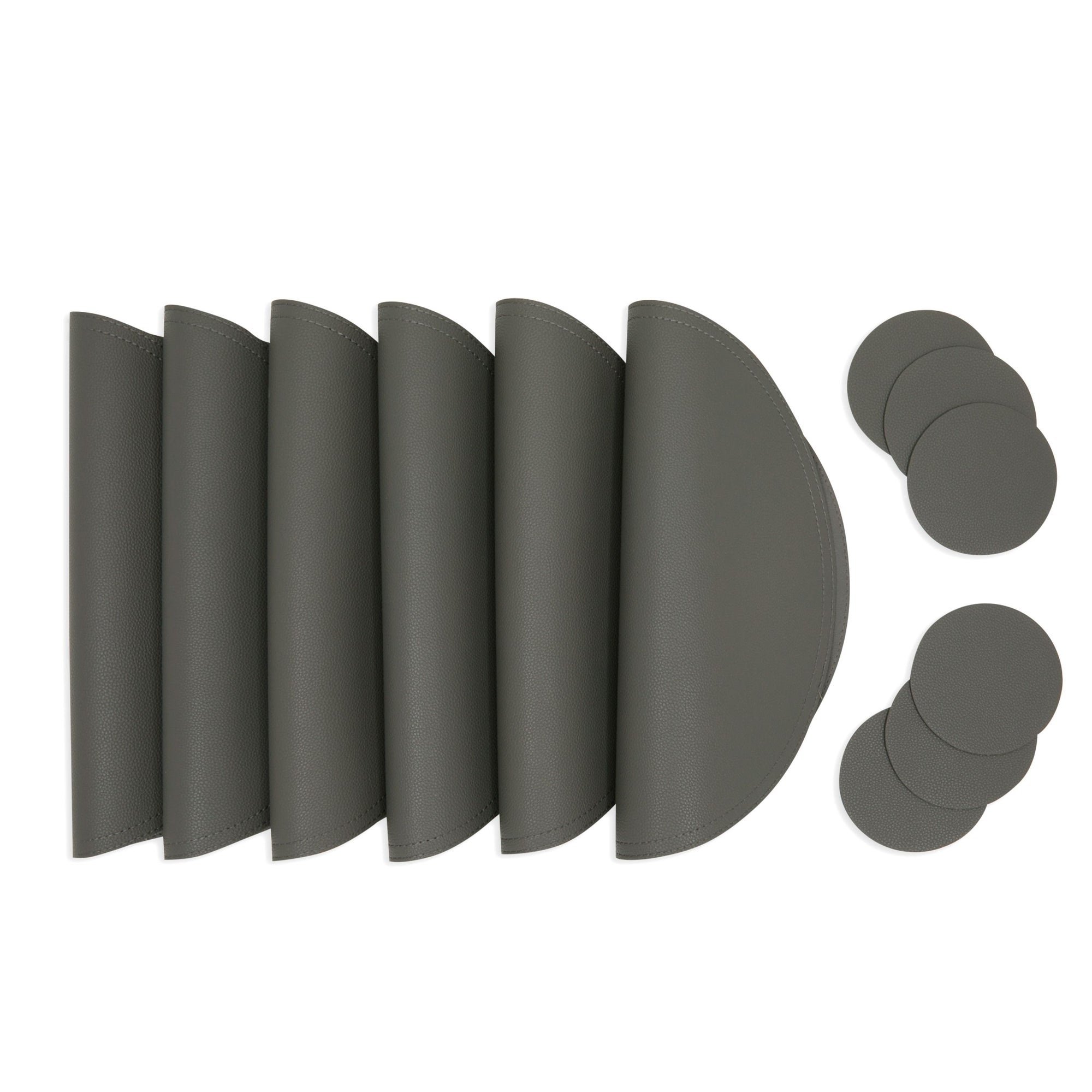 Juvale Set of 6 Faux Leather Round Placemats and 6 Circle Coasters for Dining Table, Dark Gray