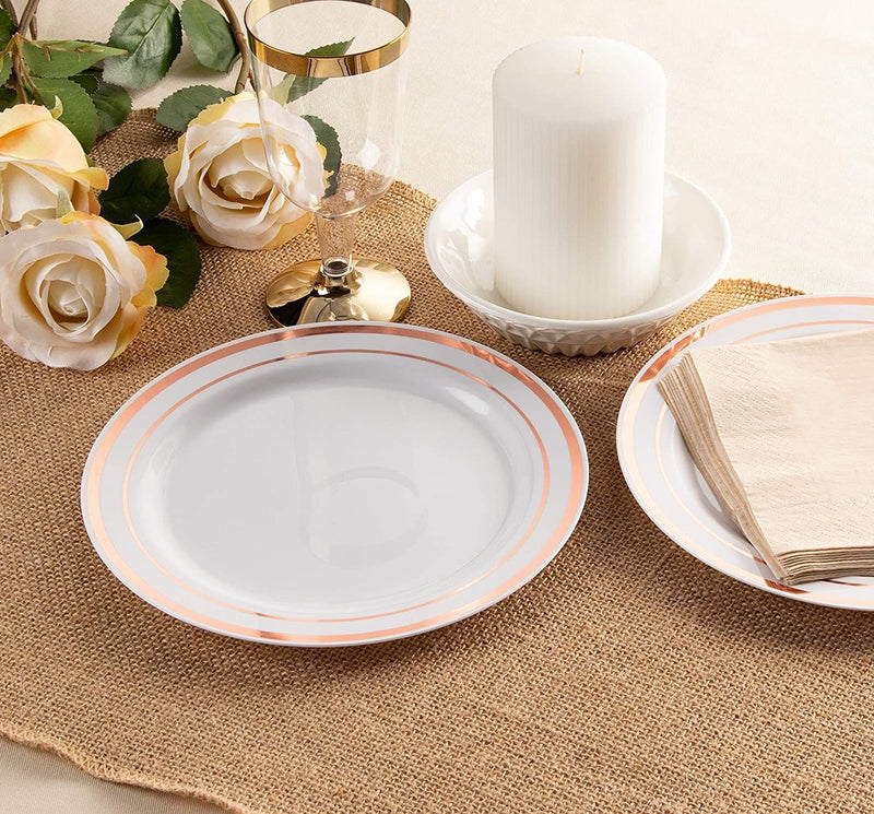 50 Pack of White Plastic Appetizer or Dessert Plates with Rose Gold Rim (7.5 In)