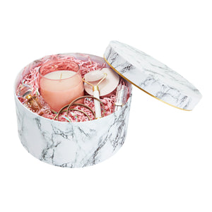 Set of 3 Small Round Gift Boxes with Lids, White Marble Print Cardboard Boxes (3 Sizes)