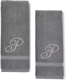 2 Pack Letter P Monogrammed Hand Towels, Gray Cotton Hand Towels with Silver Embroidered Initial P for Wedding Gift, Bridal Shower, Baby Shower, Anniversary (16 x 30 Inches)