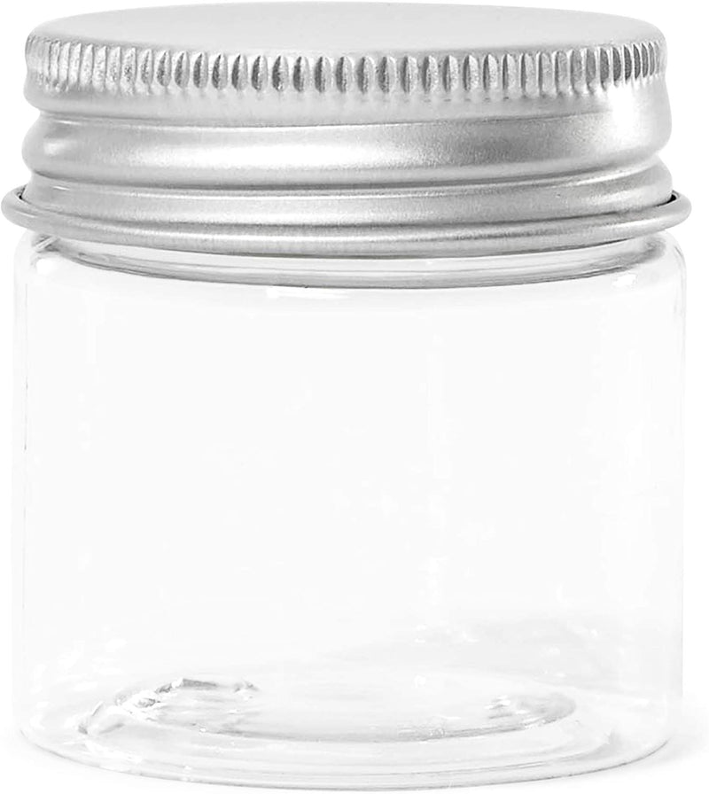 Juvale 1oz Mini Round Clear Plastic Jars with Metal Lids and Labels, Cosmetic Travel Containers for Storing Cosmetic, Lotions and Ointments, 12 Pack