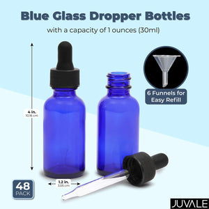 48 Count 1 oz Blue Glass Dropper Bottles and 6 Funnels (30 ml, 54 Pieces)