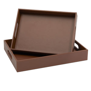 2-Pack Wooden Nesting Serving Tray Set with Stitched Faux Leather Skin and 2 Handles, Slip-Resistant Breakfast Service Tray in 2 Sizes (13.8x9.9x2.3 and 15.8x12x2.5 in, Brown)