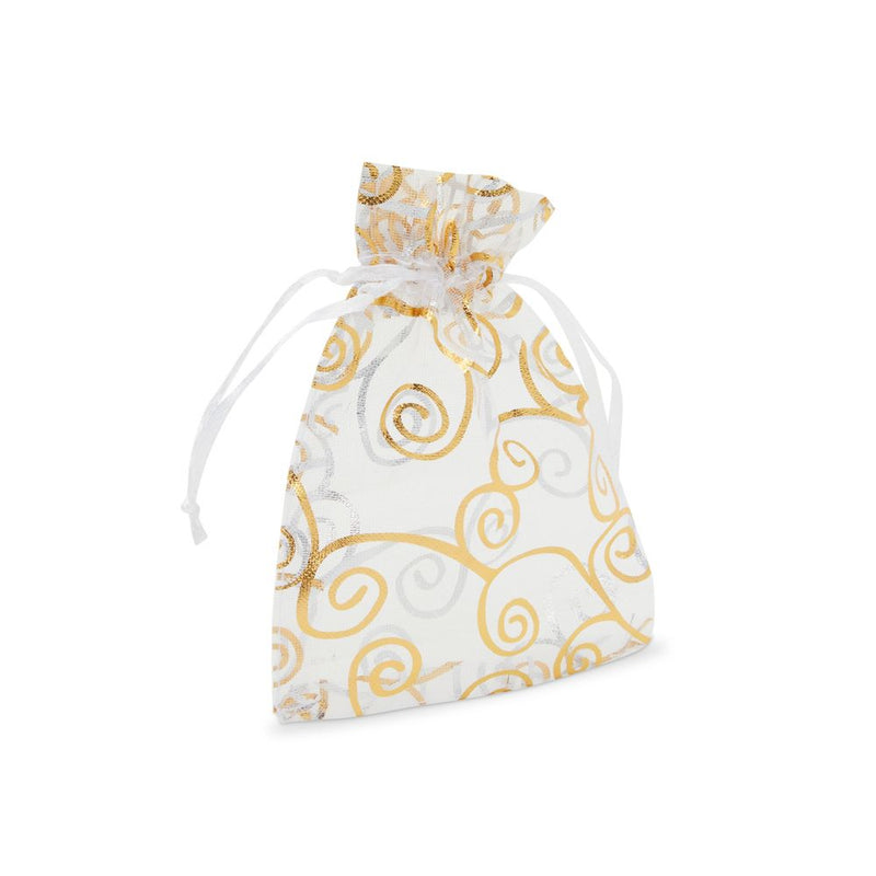 Organza Gift Bags, Drawstring Pouch, Gold Swirl Design for Wedding (120 Pack)