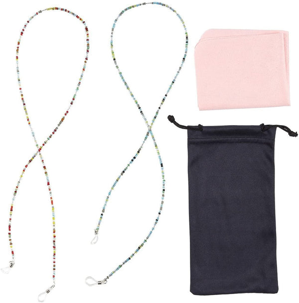 Eyeglass Chains for Women - 2-Piece Set Beaded Glasses Holder Strap, Retainer Cord with Beads, Microfiber Cloth and Polyester Pouch, Ideal for Sunglasses, Reading Glasses, Multicolor, 27 Inches