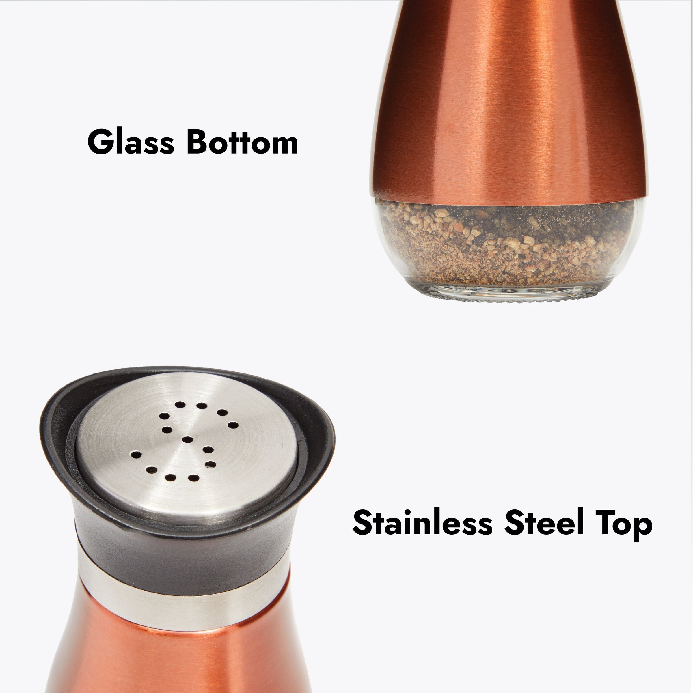 Stainless Steel Salt and Pepper Shaker Set with Glass Bottom, Perforated  S and P Caps - Modern Kitchen Counter Decor (4oz)