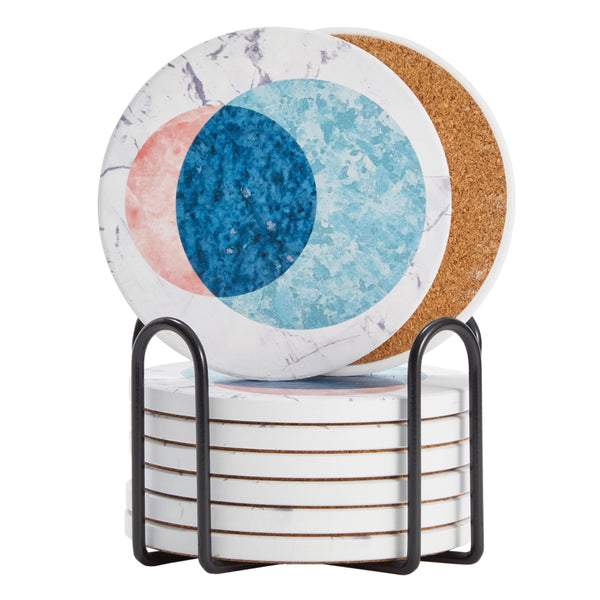 Set of 8 Marble Moon Design Table Coasters for Drinks, Round Cork Base and Holder for Housewarming Gift (4 In)