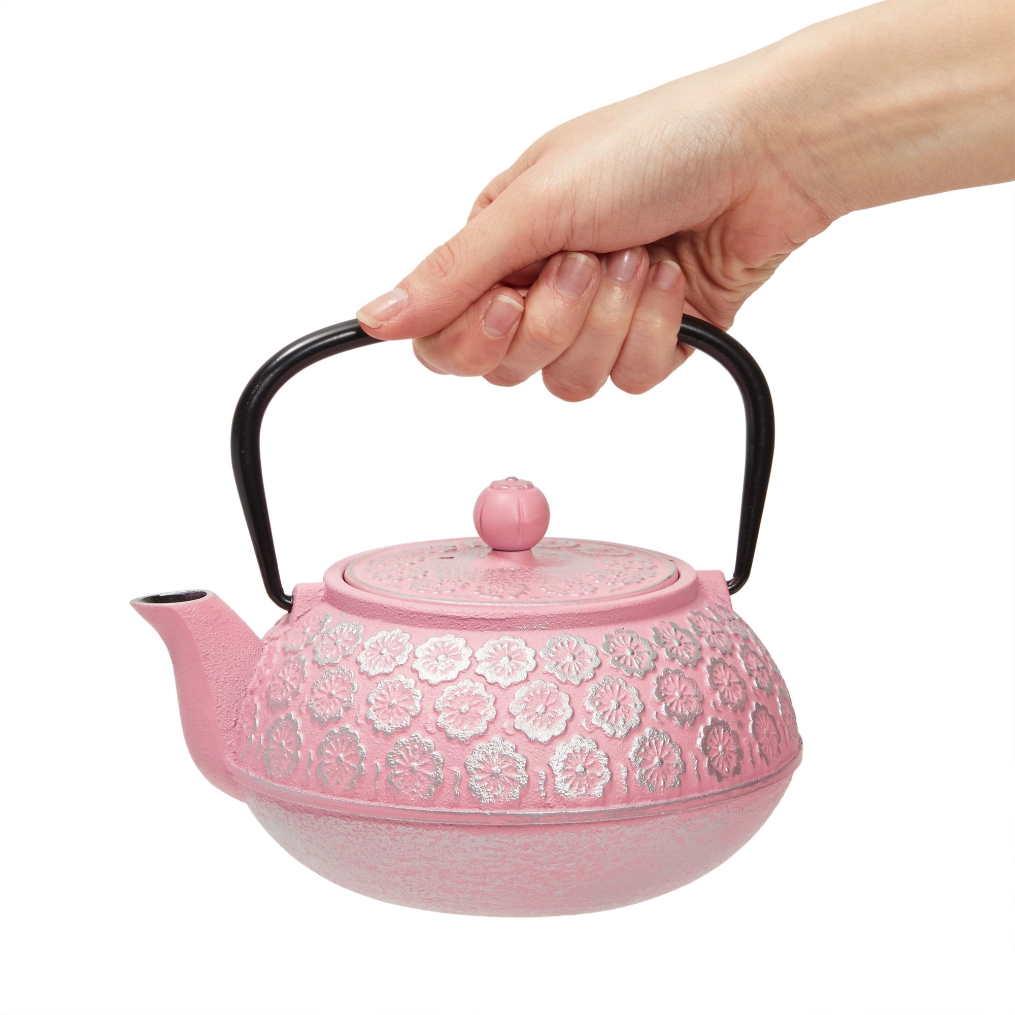 Pink Floral Cast Iron Teapot Kettle With Stainless Steel Loose