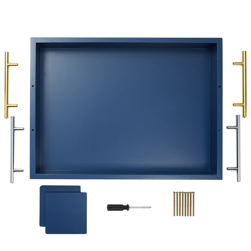 Blue Serving Tray for Coffee Table, 16x12" with Coasters, Decorative Interchangeable Gold and Silver Handles