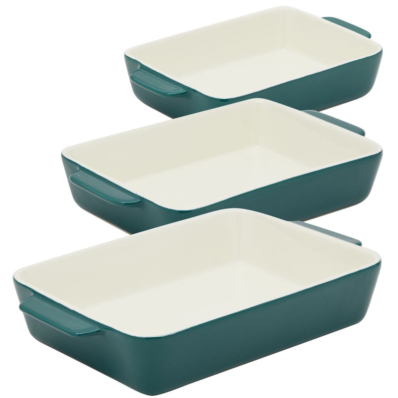 3 Piece Green Ceramic Bakeware Set - Rectangular Baking Dishes for Oven, Serving Casseroles, Kitchen (3 Sizes)