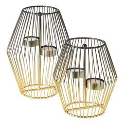 2 Piece Diamond Shaped Metal Tealight Candle Holder Centerpiece, 2-Tone Gold and Black Candle Holders (2 Sizes)