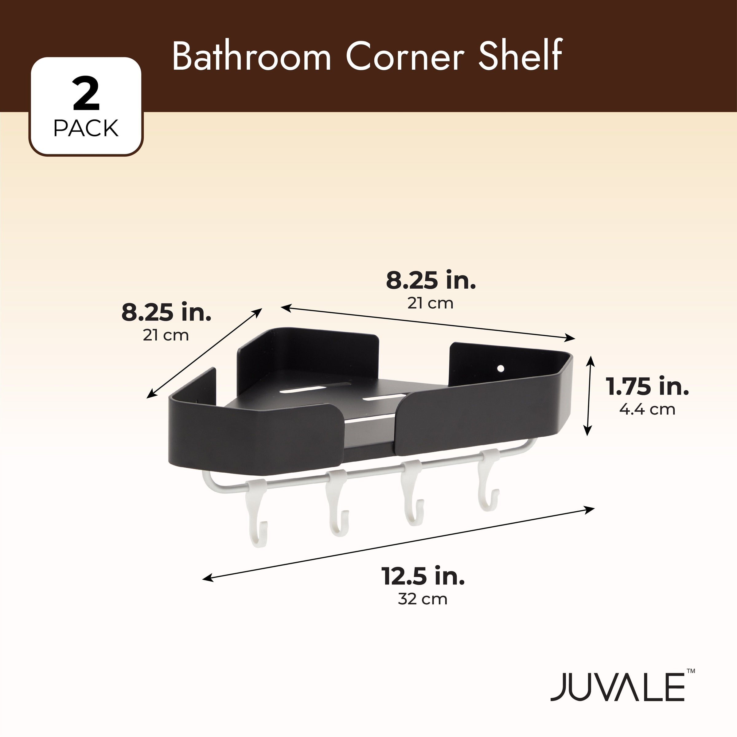Juvale Bathroom Corner Shelves with Hooks, Wall Mounted Shower Caddy (12.5 x 8.2 in, Black, 2 Sets)