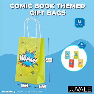 Comic Book Hero Party Favor Gift Bags with Handles (4 Colors, 12 Pack)