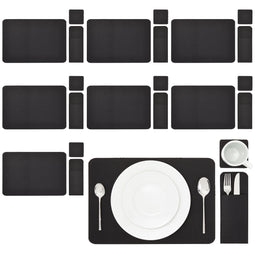 Felt Table Placemats Set of 8 for Dining Table and Kitchen Decor with Drink Coasters and Cutlery Pouches (Black, 24 Pieces)