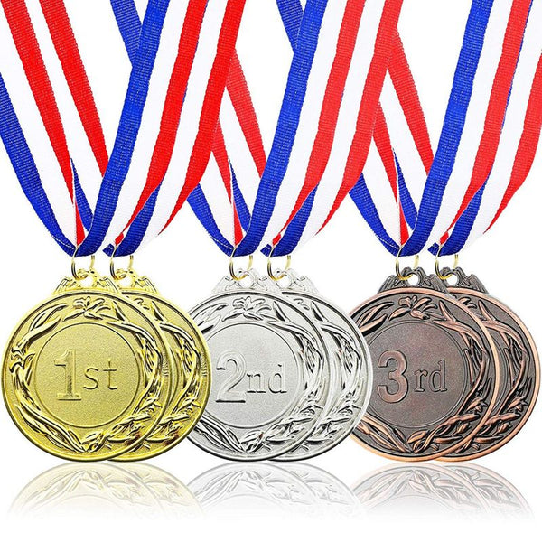 Juvale 6-Piece Set Metal Olympic Style Award Medals with Ribbons in Gold, Silver, and Bronze
