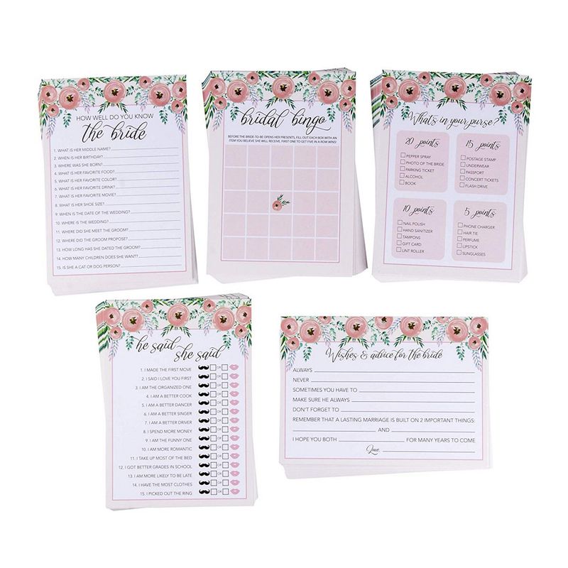 Juvale Set of 5 Pink Floral Bridal Shower Wedding Games, 50 Cards Each Game, 5 x 7 Inches