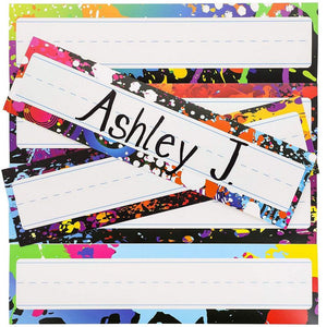 Desk Nameplates - 48-Pack Colorful Desktop Reference Name Plates, 6 Splash Designs, Paper Name Tags for Teachers, Students, Desk Labeling, 11.5 x 3.0 inches