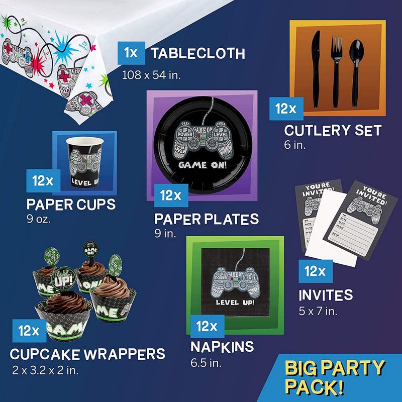 Juvale Video Game Birthday Party Pack for 12 Gamer Decorations and Supplies (125 Pieces)