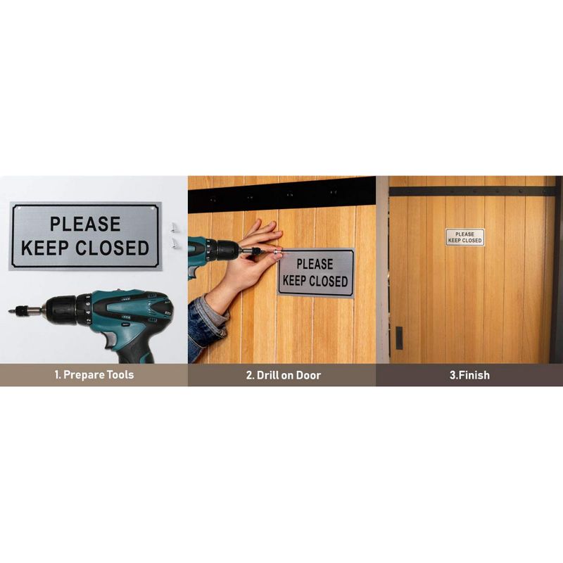 Please Close Signs - 2-Pack Please Keep Closed Gate Signs, Close Signs for Dog Gate, Business and Home Use, 2 Drilled Holes, Silver - 7.8 x 3.5 Inches