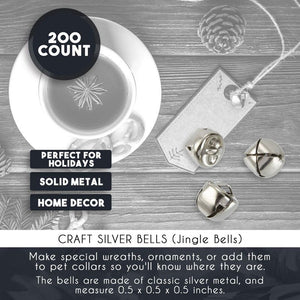 Jingle Bells - 200-Count Craft Silver Bells, Christmas Sleigh Bells for Wreath, Holiday Home Decoration, DIY Art Crafts, Silver Metal, 0.5 x 0.5 x 0.5 Inches