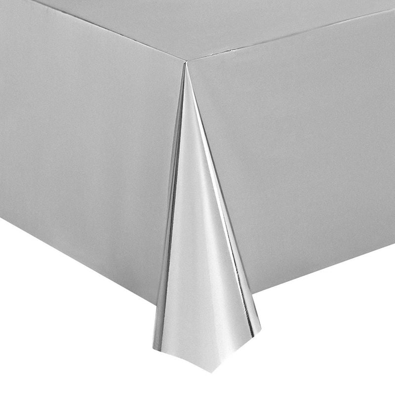Juvale Silver Foil Tablecloth - 3-Pack 54 x 108 Inch Shiny Plastic Tablecloth, Fits up to 8-Foot Long Tables, Silver Themed Party Supplies, 4.5 x 9 Feet