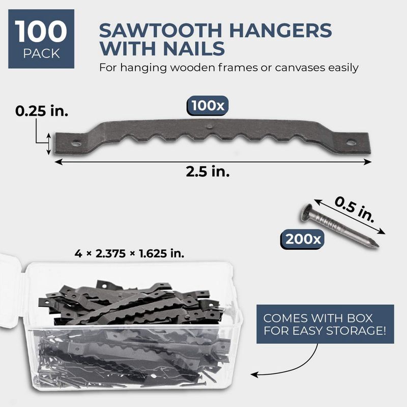 Juvale 100-Count 2.5 Inch Metal Sawtooth Picture Frame Hangers with 200 Nails