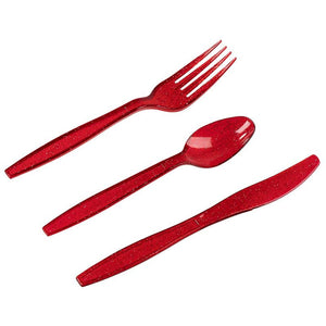Christmas Disposable Silverware Set, Plastic Cutlery (Red Glitter, 96 Pieces)