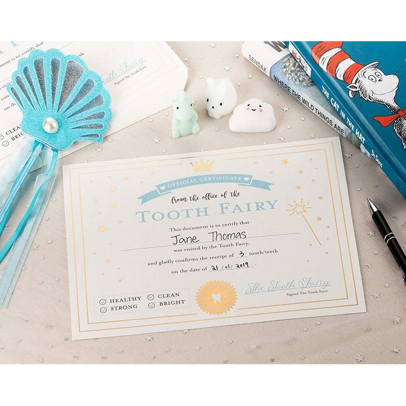 Juvale 32-Pack Tooth Fairy Paper Certificate Letter Receipts with Gold Foil for Kids, 8.5 x 11 Inches