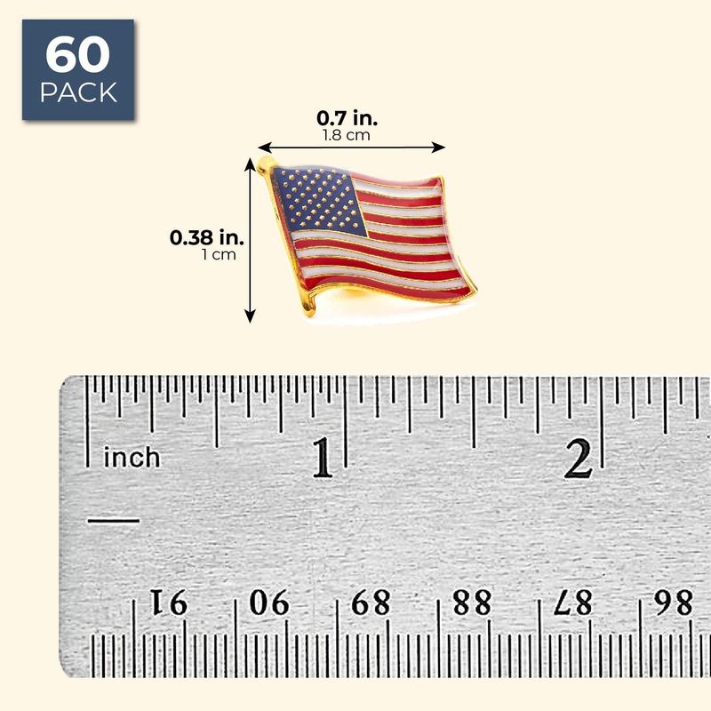 American Flag Lapel Pins - 60-Pack USA Enamel Pins, Patriotic US Flag Pins for National Days Celebrations and Daily Outfits, 0.7 x 0.38 x 0.6 Inches