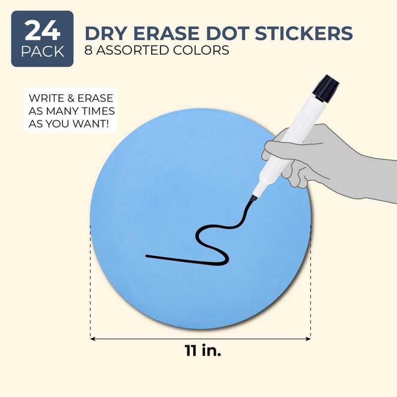 Juvale 24-Pack Dry Erase Dots Peel and Stick Spots for Classroom Tables, Walls, 8 Colors, 11 Inches