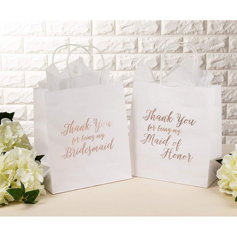 11 Bridesmaid and 1 Maid of Honor Thank You Paper Gift Bag, Rose Gold Foil Text, Includes 20 Sheets of Tissue Paper, Perfect for Bridal Party Favors, White, 9 x 8 x 4 Inches