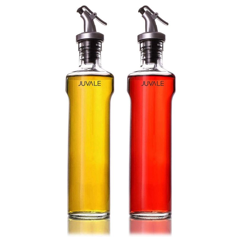 Juvale Oil and Vinegar Dispensers 2-Piece Set Glass Cruet Bottles with Lever Release Pourers for Salad Dressing, and Olive Oil, 12 Oz / 355mL