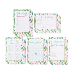 Baby Shower Game Card Packs - 5-Set Assorted Party Activity Supplies for 50 Guests, Including Bingo, Word Scramble, and Well Wishes, Boho Cactus and Hearts Design, 50 Sheets, 5 x 7 Inches