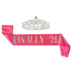 21th Birthday Tiara and Sash - Finally 21 Pink Glitter Satin Sash and Rhinestone Crown Tiara Set for Gift Party Supplies and Decorations