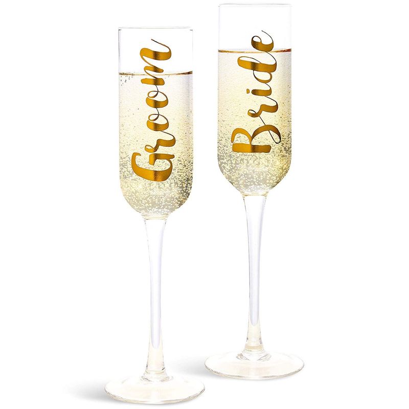 Juvale 2-Pack Gold Glass Groom and Bride Champagne Wedding Flutes, 8 Ounces